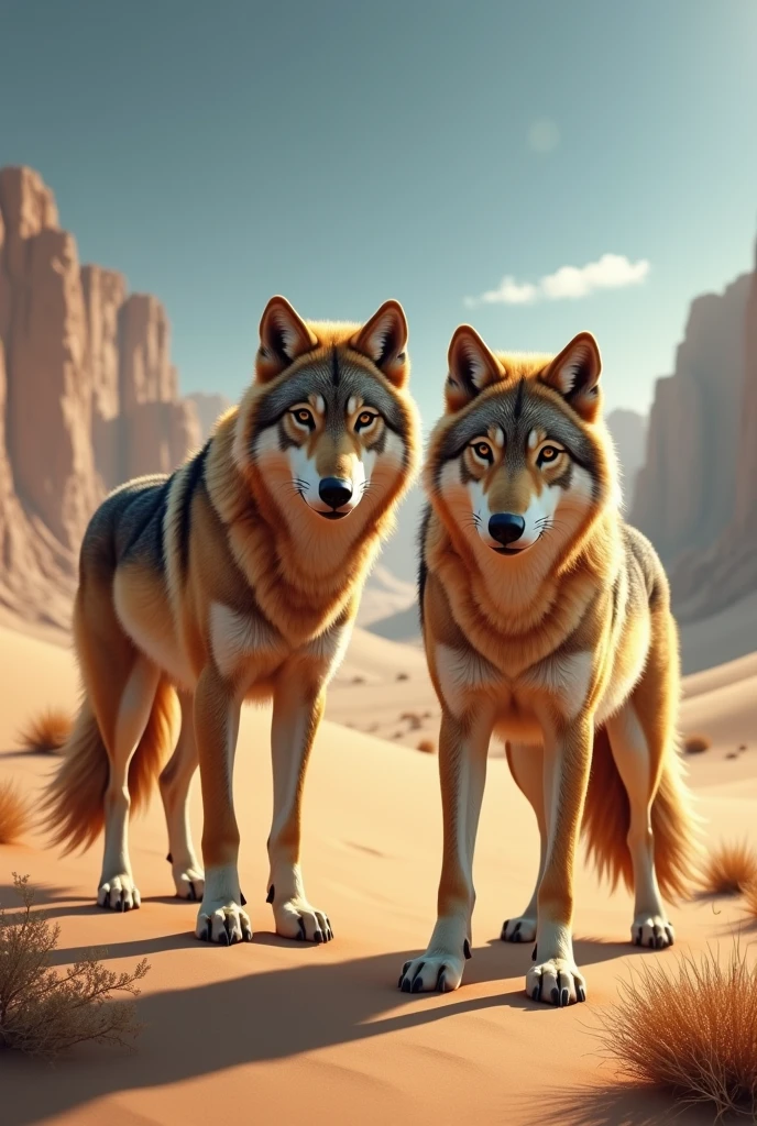 Realistic image of a desert with 2 wolves