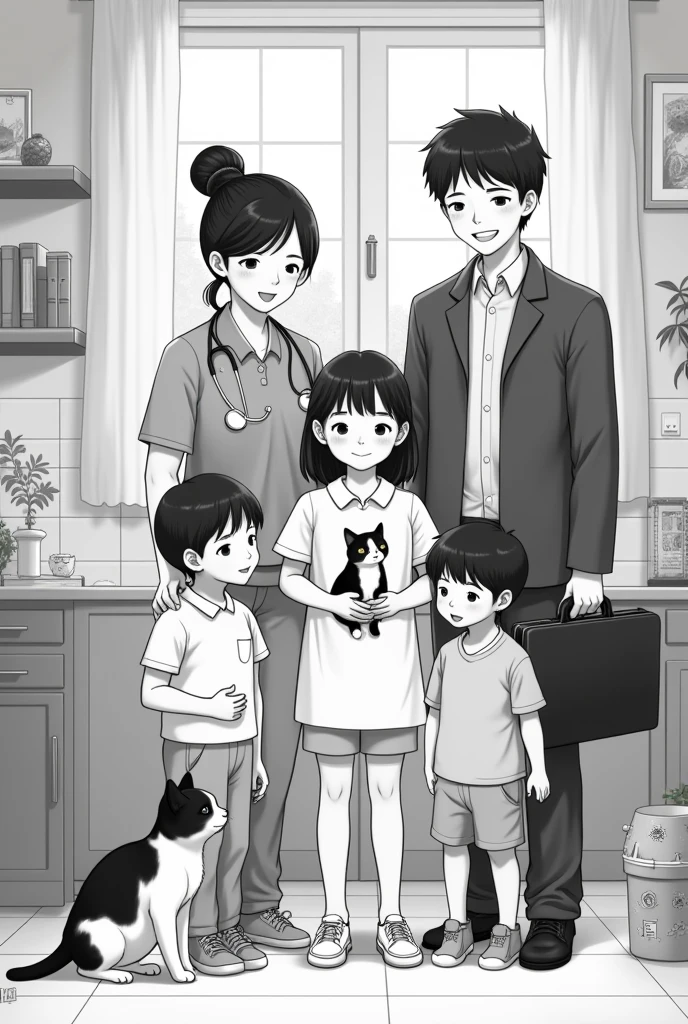 A stay-at-home mom with three children, a nurse woman, a male lawyer and a female graduate and a black and white cat, without dad 