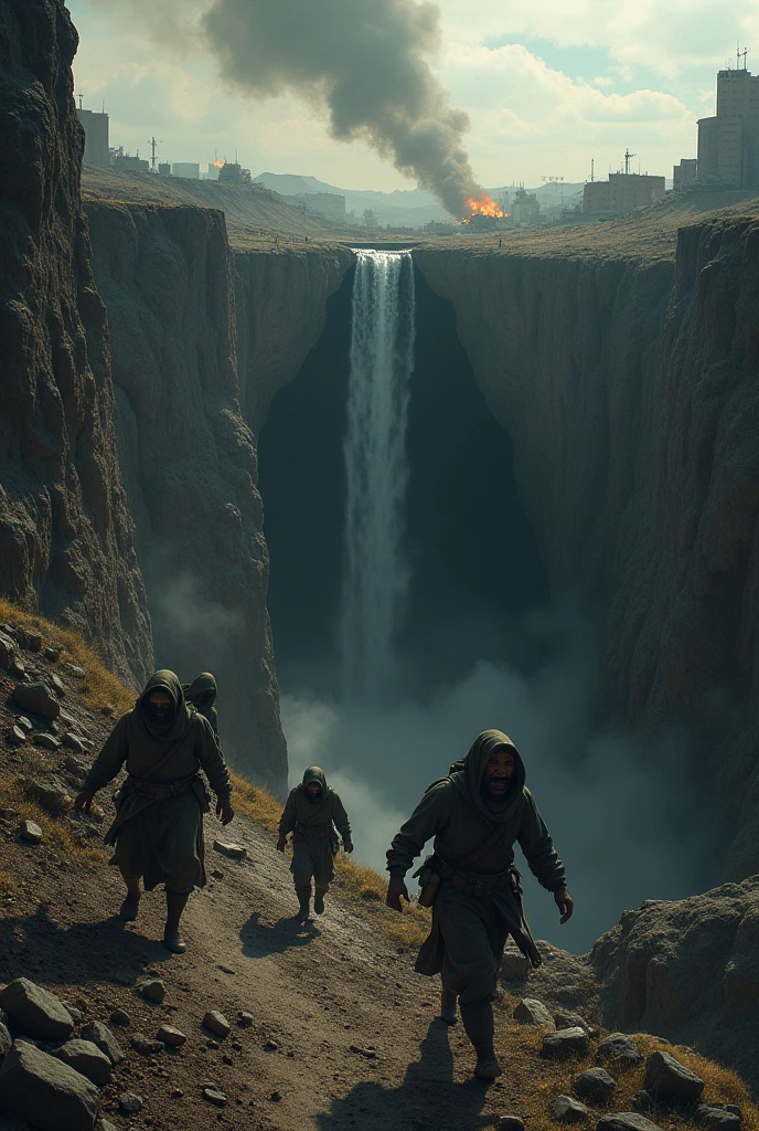 Now make humans fleeing from a war and then finding a ravine then inside a dark cave