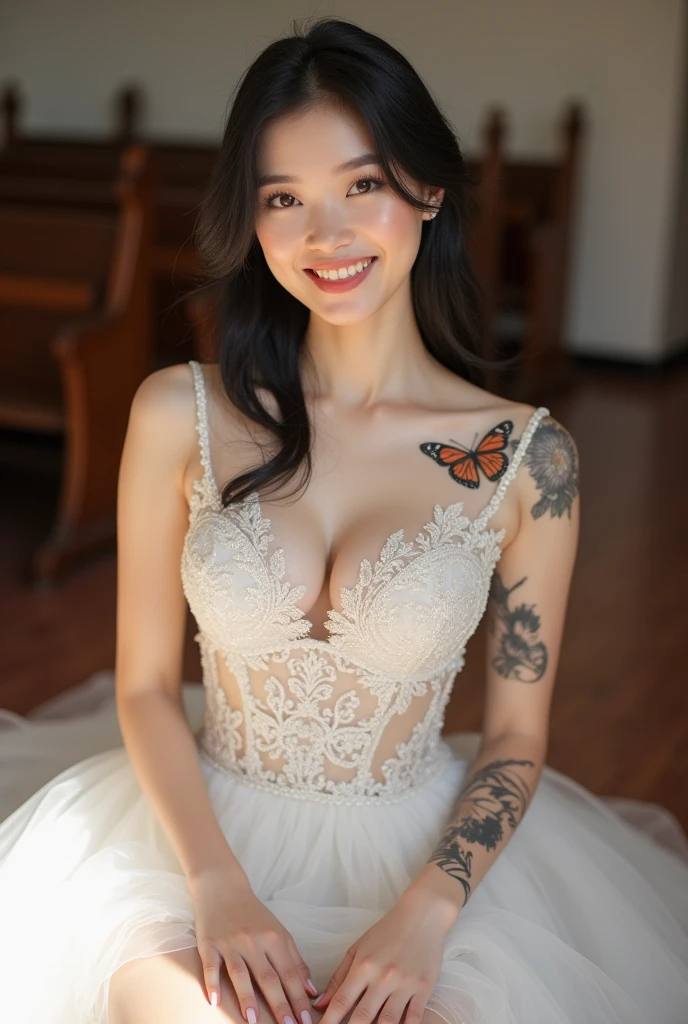 Chinese girl, white skin, shaggy breasts, big breast, happy face, thick body, sexy body, gym body, curvy waist, sunny day, milky white skin, a butterfly tattoo on the shoulder back, a big flower tattoo on the thigh, there is a tatoo says "Thasya" on the lower arm, sexy transparent bride gown, sitting crossing legs, in the church, nakeness, full body, beautiful nail arts, showing her white tighs, black hair, straight hair, sexy toe, camera from front, full body from toe to head, full body, see-through black public hair, thick pubic hair