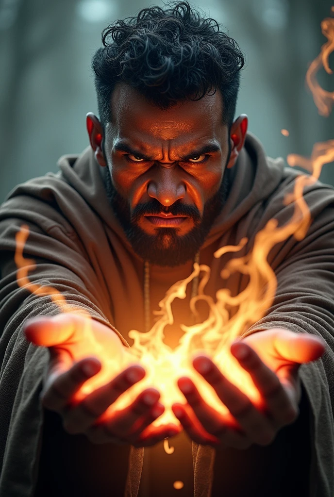 (photorealism:1.2), An angry 1 man with brown skin who flies with magic in his hands
