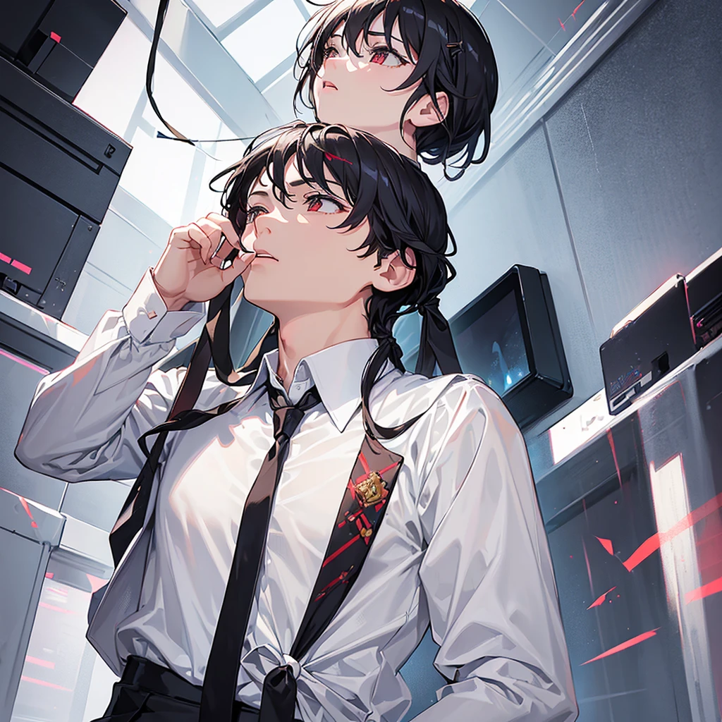 ((grabing tie knot:1.5)), ((hand on the necktie to remove:1.5)),[remove necktie],[loosening necktie],((from below:1.3)),((ground view:1.3)),[open collar],only looking at the upper body,body facing straight down,detrusion,looking up at boy from directly below,red cheeks,expression begging for a kiss,{{super detailed skin}},touching necktie,collared white shirt,collared white shirt unbuttoned,unnecktie,[removing tie],solo,short hair,shirt,long sleeves,black hair,red eyes,muscular male,1male[1male]+,white shirt,male focus,collared shirt,indoors,vest,black vest,serious expression,attractive guy,selfie, very delicate and beautiful,shiny hair,shiny skin,transparent light,light scattering,
