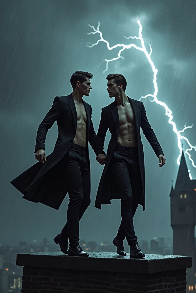 Two handsome skinny men dressed in black long suits without a shirt under the rain dancing bautiful liar on top of a black castle falling rain and lightning 2 men 