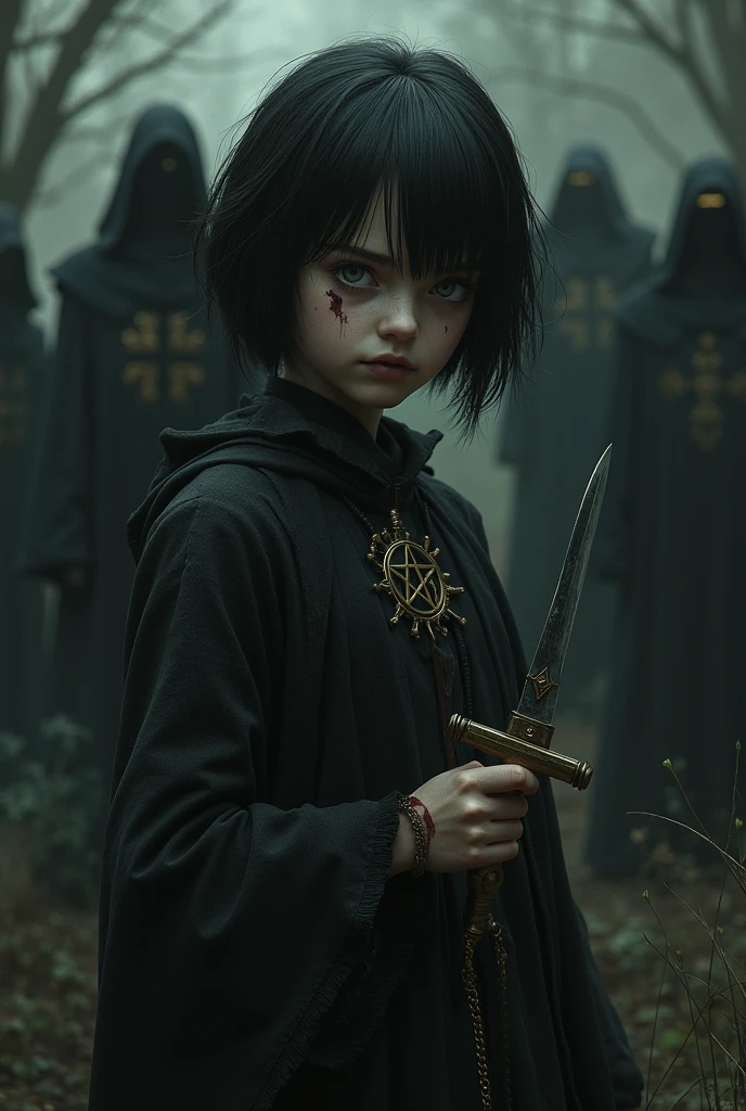 A pale girl with short black hair, From the Middle Ages, realisitic, arcane style, with light eyes dark alchemist clothes with left robotic arm steampunk with pentagram, cut on the face, with a look of suffering and hate, dagger, the night, with a religious group behind.