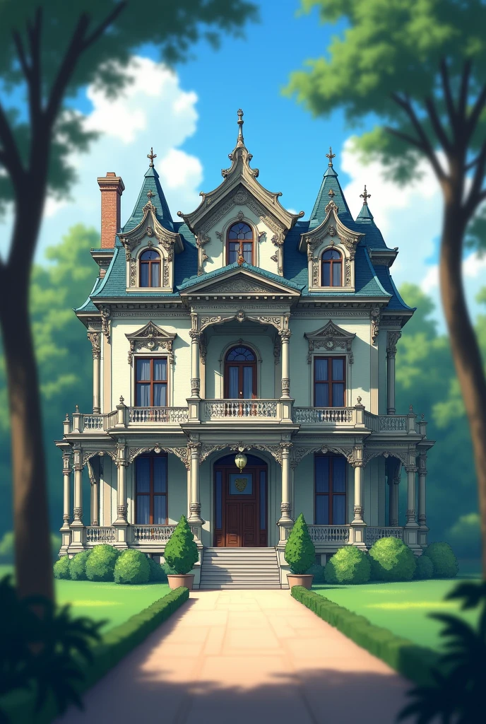an anime-like Victorian-era mansion, the perspective from the front of the mansion and the image is somewhat blurred