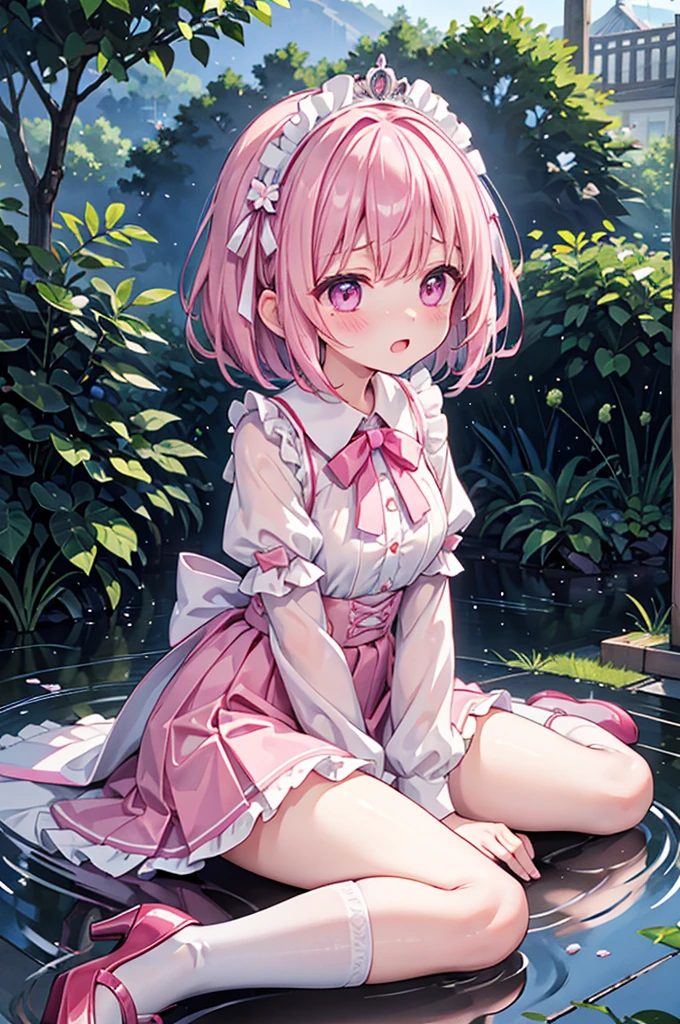 Highest quality、Shiny silk pink ribbon micro mini skirt、princess、Symmetrical outfit、Large double bow tie with large diamonds、White collar、White over-the-knee socks、Lace Stall、Pink high heels with ribbon、Flushed Cheeks、Embarrassed look、panic、Big Breasts、A large tiara with a pink ribbon、Short Hair、See-through、No bra、Open your mouth wide、Cry、Hair blowing in the wind、Soaking wet、Sit on a small puddle、White palace bedroom、Facing forward、Low - Angle