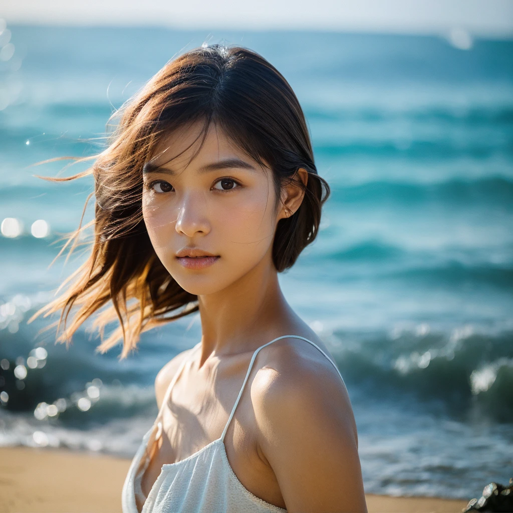 A hyper-realistic image of a single Japanese woman in her early 20s, captured with the nostalgic warmth and pronounced graininess of a film camera, showing her from the shoulders up as she stands on a sunlit beach. Her skin has a warm beige tone with a natural, visibly rough texture that includes pronounced pores, fine lines, and subtle imperfections such as small blemishes, slight unevenness, and a hint of sun exposure, contributing to the authenticity of her appearance. The texture of her skin is intentionally less smooth, with a tangible roughness that enhances the realism, making the surface appear slightly weathered by the elements. The soft, diffused natural light illuminates her face and shoulders with a gentle touch, casting shadows that subtly reveal the unevenness of her skin. Her straight, glossy black hair flows naturally in the ocean breeze, framing her face, and her deep brown eyes reflect the soft sunlight and the shimmering sea. The film camera effect amplifies the grain and texture, creating a warm, nostalgic atmosphere while maintaining the deliberately rougher, less polished texture of her skin. The composition, focused on her upper body, captures the serene elegance of the beach setting, highlighting the natural interaction of light and shadow on her skin. This combination of a rough, realistic skin texture, soft natural light, and the grainy film-like qualities ensures that the image presents an authentic, lifelike portrayal of the woman, centered on her face and shoulders.