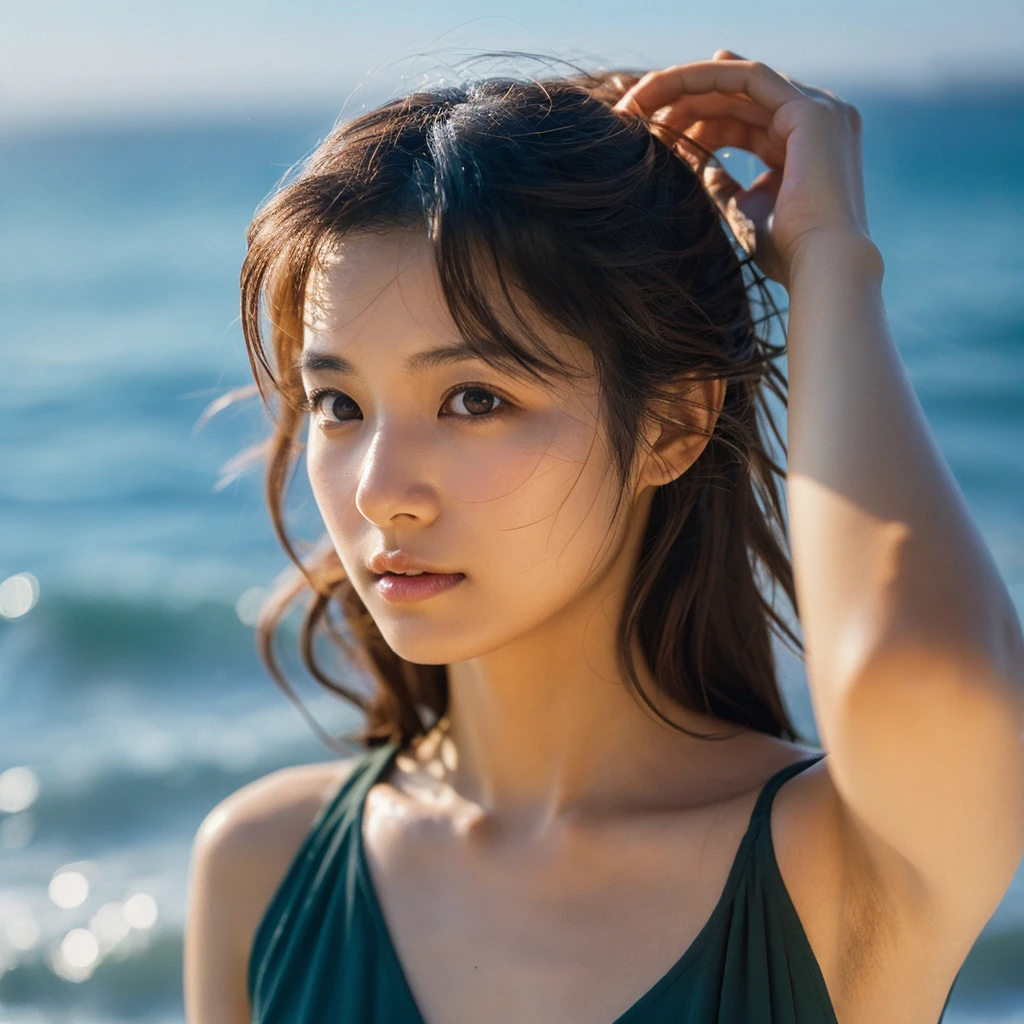 A hyper-realistic image of a single Japanese woman in her early 20s, captured with the nostalgic warmth and pronounced graininess of a film camera, showing her from the shoulders up as she stands on a sunlit beach. Her skin has a warm beige tone with a natural, visibly rough texture that includes pronounced pores, fine lines, and subtle imperfections such as small blemishes, slight unevenness, and a hint of sun exposure, contributing to the authenticity of her appearance. The texture of her skin is intentionally less smooth, with a tangible roughness that enhances the realism, making the surface appear slightly weathered by the elements. The soft, diffused natural light illuminates her face and shoulders with a gentle touch, casting shadows that subtly reveal the unevenness of her skin. Her straight, glossy black hair flows naturally in the ocean breeze, framing her face, and her deep brown eyes reflect the soft sunlight and the shimmering sea. The film camera effect amplifies the grain and texture, creating a warm, nostalgic atmosphere while maintaining the deliberately rougher, less polished texture of her skin. The composition, focused on her upper body, captures the serene elegance of the beach setting, highlighting the natural interaction of light and shadow on her skin. This combination of a rough, realistic skin texture, soft natural light, and the grainy film-like qualities ensures that the image presents an authentic, lifelike portrayal of the woman, centered on her face and shoulders.