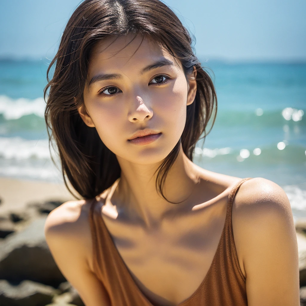 A hyper-realistic image of a single Japanese woman in her early 20s, captured with the nostalgic warmth and pronounced graininess of a film camera, showing her from the shoulders up as she stands on a sunlit beach. Her skin has a warm beige tone with a natural, visibly rough texture that includes pronounced pores, fine lines, and subtle imperfections such as small blemishes, slight unevenness, and a hint of sun exposure, contributing to the authenticity of her appearance. The texture of her skin is intentionally less smooth, with a tangible roughness that enhances the realism, making the surface appear slightly weathered by the elements. The soft, diffused natural light illuminates her face and shoulders with a gentle touch, casting shadows that subtly reveal the unevenness of her skin. Her straight, glossy black hair flows naturally in the ocean breeze, framing her face, and her deep brown eyes reflect the soft sunlight and the shimmering sea. The film camera effect amplifies the grain and texture, creating a warm, nostalgic atmosphere while maintaining the deliberately rougher, less polished texture of her skin. The composition, focused on her upper body, captures the serene elegance of the beach setting, highlighting the natural interaction of light and shadow on her skin. This combination of a rough, realistic skin texture, soft natural light, and the grainy film-like qualities ensures that the image presents an authentic, lifelike portrayal of the woman, centered on her face and shoulders.
