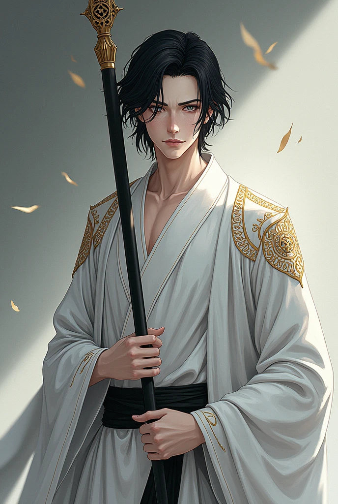 mature man, Pale skin and grey eyes without pupils, waist-length black hair. He wears a white tunic with gold details., He carries a long black spear with golden markings.. anime version