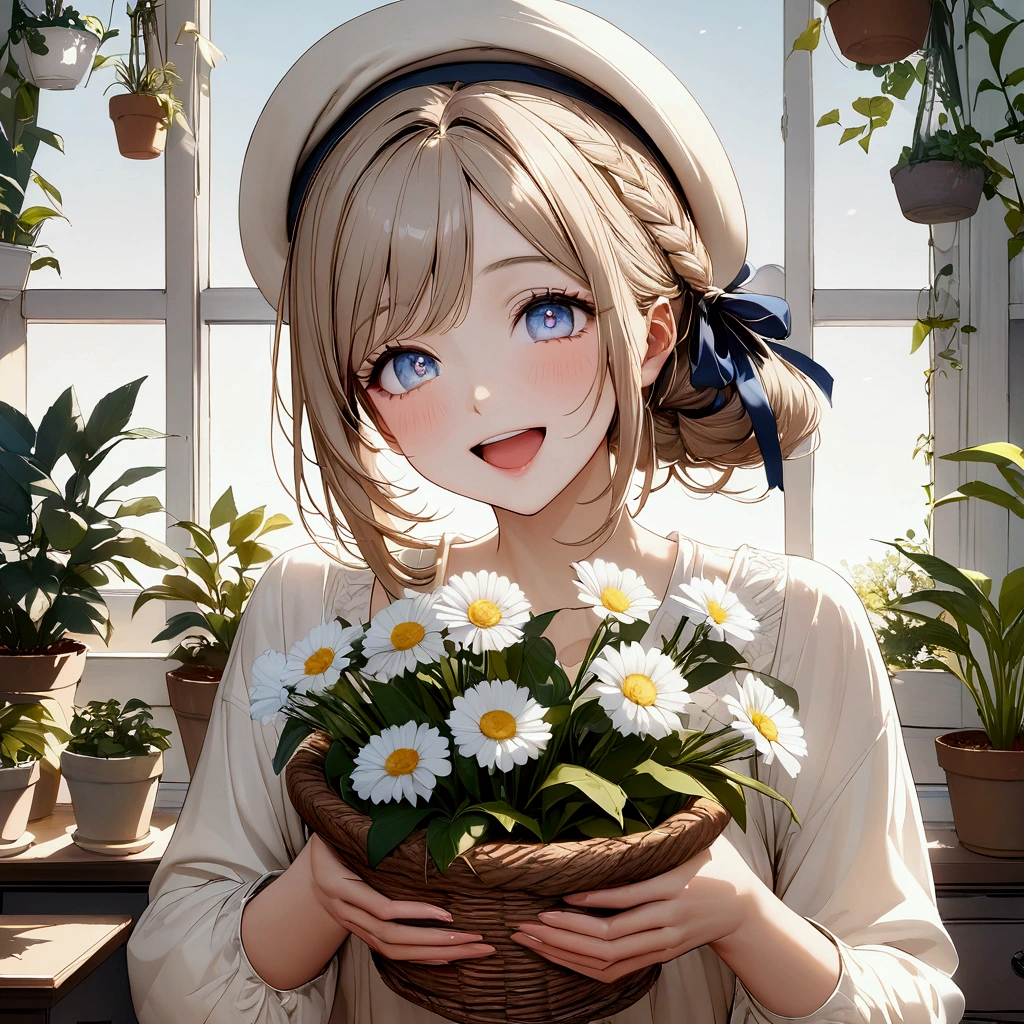 Woman in light-colored casual clothing, holding a basket of flowers in her hands. chic, Soft atmosphere. Soft Light. There are many potted plants and plants in the background.Open your mouth a little, smiling, Bright Eyes, ribbon hair accessories, Anatomically correct, beret, High resolution, Highest quality, High-resolution model, High detail, Ultra high definition,