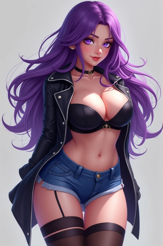 fille avec des cheveux violets attaché yeux violet, seins énormes éclatants, hanches larges, gros seins, hauts, shorts bleu, collants noirs, jambes légèrement écartées sexy
