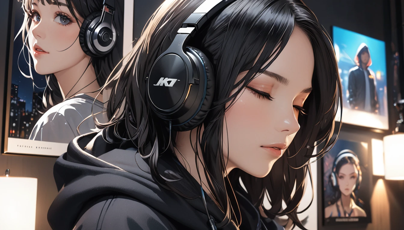 (masterpiece, Super Detail, Attention to detail, Highest quality, 8k, Album artwork,Poster,Close-up ,woman,Eyes closed,night,With the hood of a black sweatshirt pulled up,Wearing headphones and listening to music
