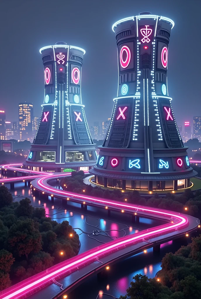 Mechanical nuclear power plant, Cooling Tower, Special symbols,white and purple, Neon lights标志, Neon lights, Aerial View ,Art Deco Design,streamline moderne,Futuristic architecture, abstract,modern style,Night view, Futuristic decorative elements,Metal,Number Line,sci-fi lamp,Unreal Engine,Unreal Rendering,