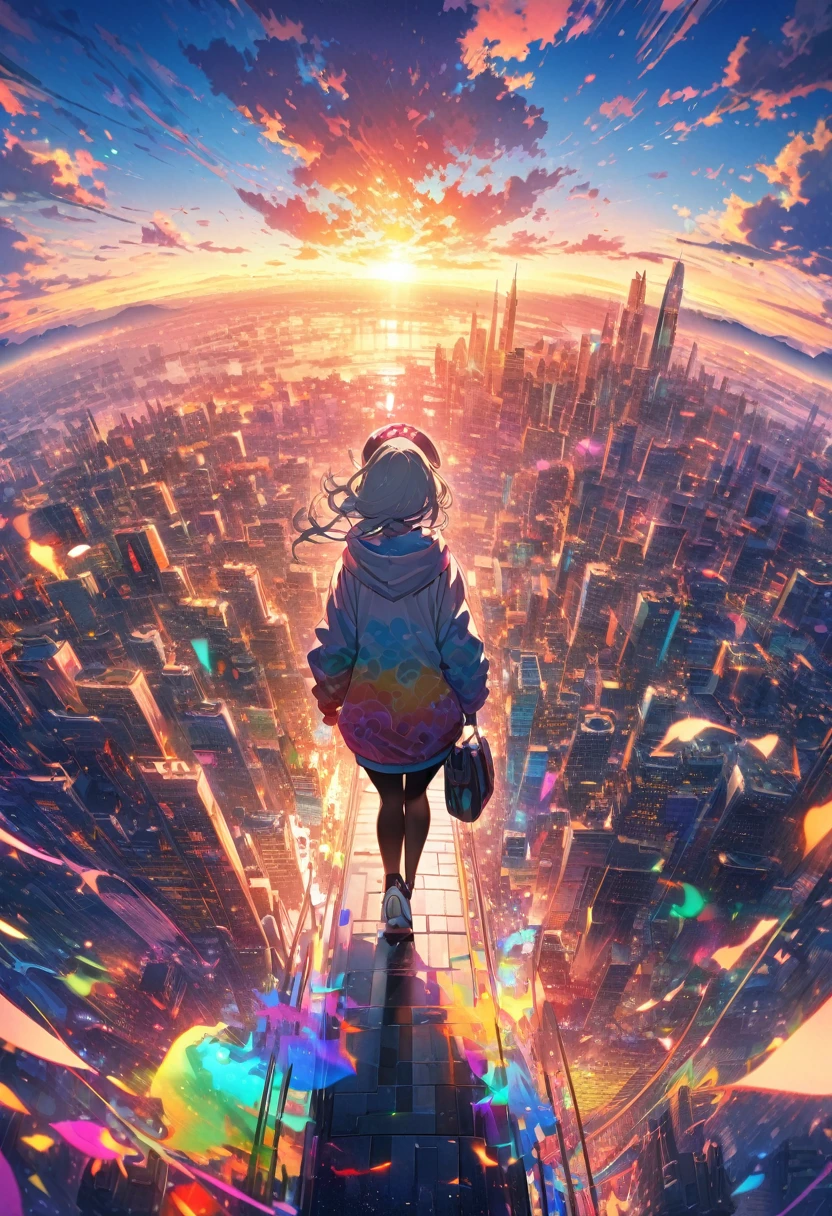 angelic, detailed woman who is walking, woman wearing hoodie, highest billding in city, road, sunrise, horizon, skyline, in the sky, city of clouds, colorful, high-res, 8K