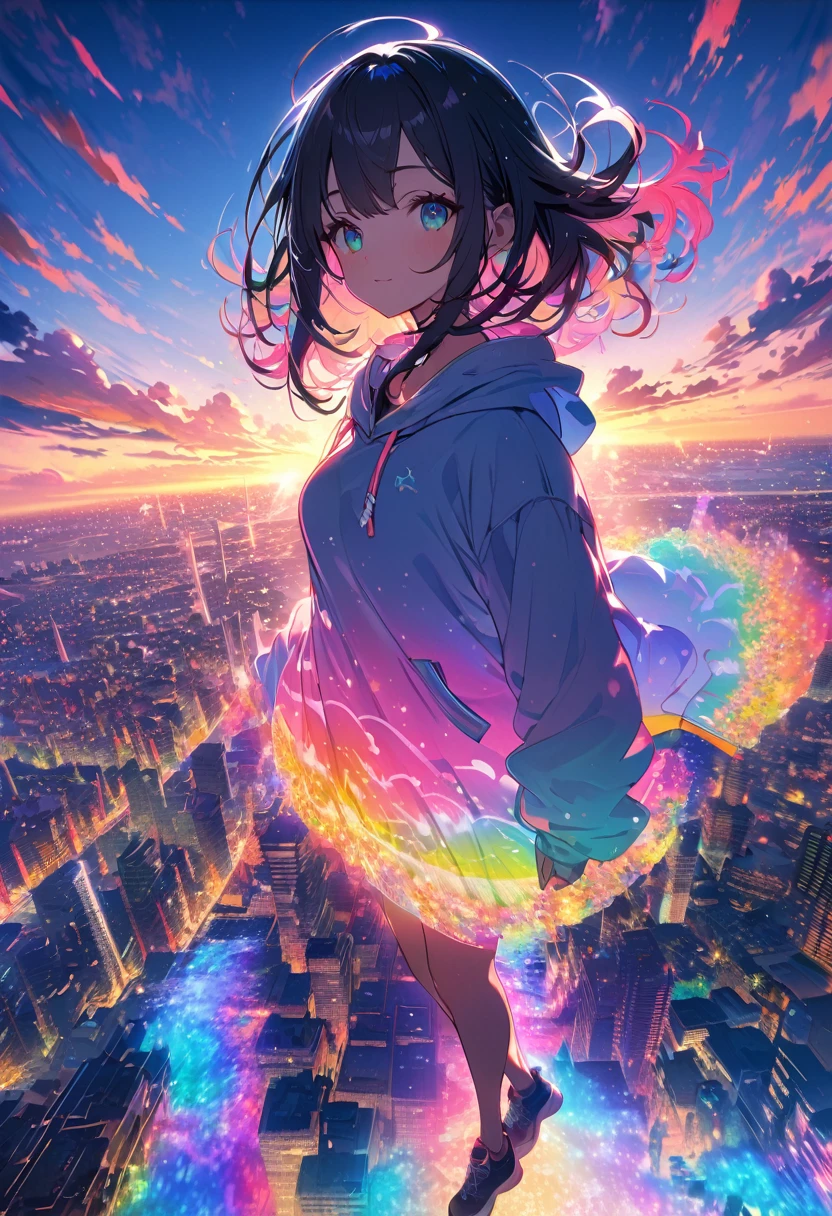 angelic, detailed woman who is walking, woman wearing hoodie, highest billding in city, road, sunrise, horizon, skyline, in the sky, city of clouds, colorful, high-res, 8K