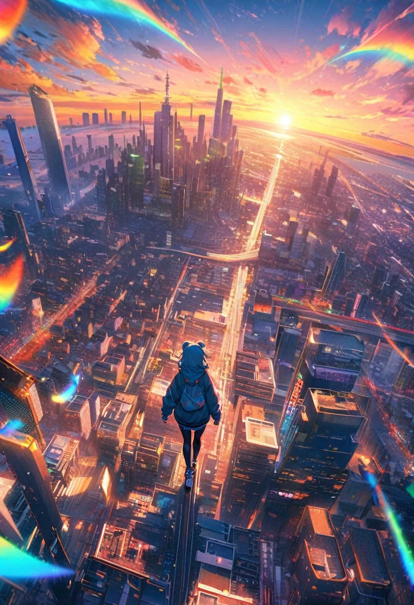 angelic, detailed woman who is walking, woman wearing hoodie, highest billding in city, road, sunrise, horizon, skyline, in the sky, city of clouds, colorful, high-res, 8K