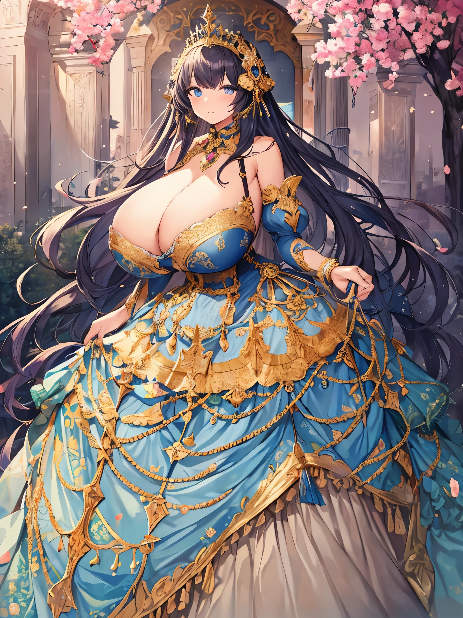 moe anime artstyle,Masterpiece,Best Quality,Super Detail,(Very Delicate and Beautiful),Solo,full body,((full body portrait)),absurdly gigantic tits,(((1 bling-bling princess in beautiful embroidery and jeweled gorgeous rococo ballgown with voluminous full length crinoline hoop skirt))),(((absurdly gigantic tits,absurdly gigantic breast))),deep cleavage,curvy,Skindentation,((detailed face and eyes)),jewel-like eyes,((crinoline,long train)),beautiful embroidery and jeweled rococo ballgown with voluminous full length crinoline hoop skirt,voluminous rococo ballgown with voluminous full length crinoline hoop skirt,((bling-bling voluminous rococo princess ballgown with voluminous full length crinoline hoop skirt)),((absurdly long Straight hair)),extremely gorgeous hair ornament,((extremely gorgeous big tiara)),luxurious jewelry,(((beautiful embroidery and jeweled gorgeous rococo ballgown with voluminous full length crinoline hoop skirt))),(absurdly gigantic tits,absurdly gigantic breast),(((outdoor,garden))),Looking at viewer,((full body))