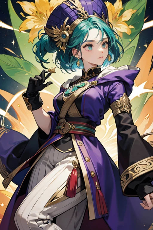 teal hair. she has a gold earring on his right ear that is intricately carved in the shape of three dangling leaves.
her outfit consists of a cropped dark blue hoodie with black strings, yellow trim, and red and green details. A large yellow flower adorns her right side, and then a silver badge with a green tassel on her left side. The left sleeve of her hoodie is short, decorated with a singular green leaf, and stops just above his elbow, while the right sleeve is tight and reaches until her wrists. The right of her hoodie also has a long piece of pleated white fabric with a colorful pattern that stretches down until her upper thigh. On both wrists, Tighnari wears large black cuffs, gold trinkets, and a pair of black and orange gloves.
Under this, she wears a long white tunic with a thick purple belt with numerous blue and purple ropes and other multicolored trinkets attached, along with a large purple pocket on one side and two round pins where her Dendro Vision hangs. sHe wears a pair of ankle-length black pants with a pleated dark blue and red overcoat, cuffs, and laced white and blue boots with green stripes. Tighnari also sports a green half-cape attached to a large gold trinket on her back. SPARKLE; GLITTER