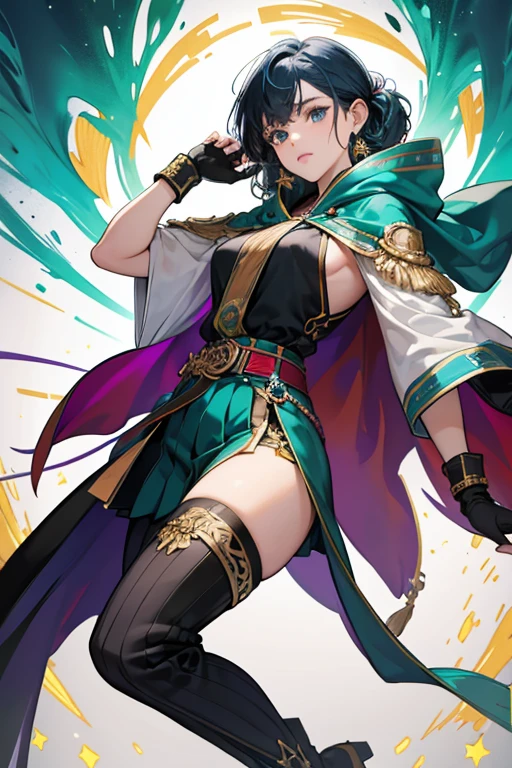 teal hair. she has a gold earring on his right ear that is intricately carved in the shape of three dangling leaves.

 her outfit consists of a cropped dark blue hoodie with black strings, yellow trim, and red and green details. A large yellow flower adorns her right side, and then a silver badge with a green tassel on her left side. The left sleeve of her hoodie is short, decorated with a singular green leaf, and stops just above his elbow, while the right sleeve is tight and reaches until her wrists. The right of her hoodie also has a long piece of pleated white fabric with a colorful pattern that stretches down until her upper thigh. On both wrists, Tighnari wears large black cuffs, gold trinkets, and a pair of black and orange gloves.

Under this, she wears a long white tunic with a thick purple belt with numerous blue and purple ropes and other multicolored trinkets attached, along with a large purple pocket on one side and two round pins where her Dendro Vision hangs. sHe wears a pair of ankle-length black pants with a pleated dark blue and red overcoat, cuffs, and laced white and blue boots with green stripes. Tighnari also sports a green half-cape attached to a large gold trinket on her back. SPARKLE; GLITTER