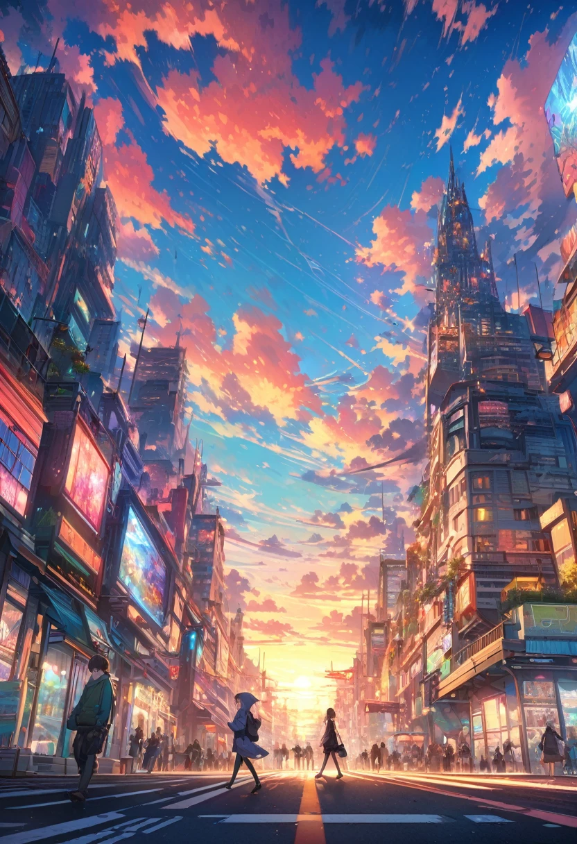 Create exquisite illustrations reminiscent of Makoto Shinkai's style, It has ultra-fine details and top-notch quality. angelic, detailed woman who is walking, woman wearing hoodie, highest billding in city, road, sunrise, horizon, skyline, in the sky, city of clouds, colorful, high-res, 8K