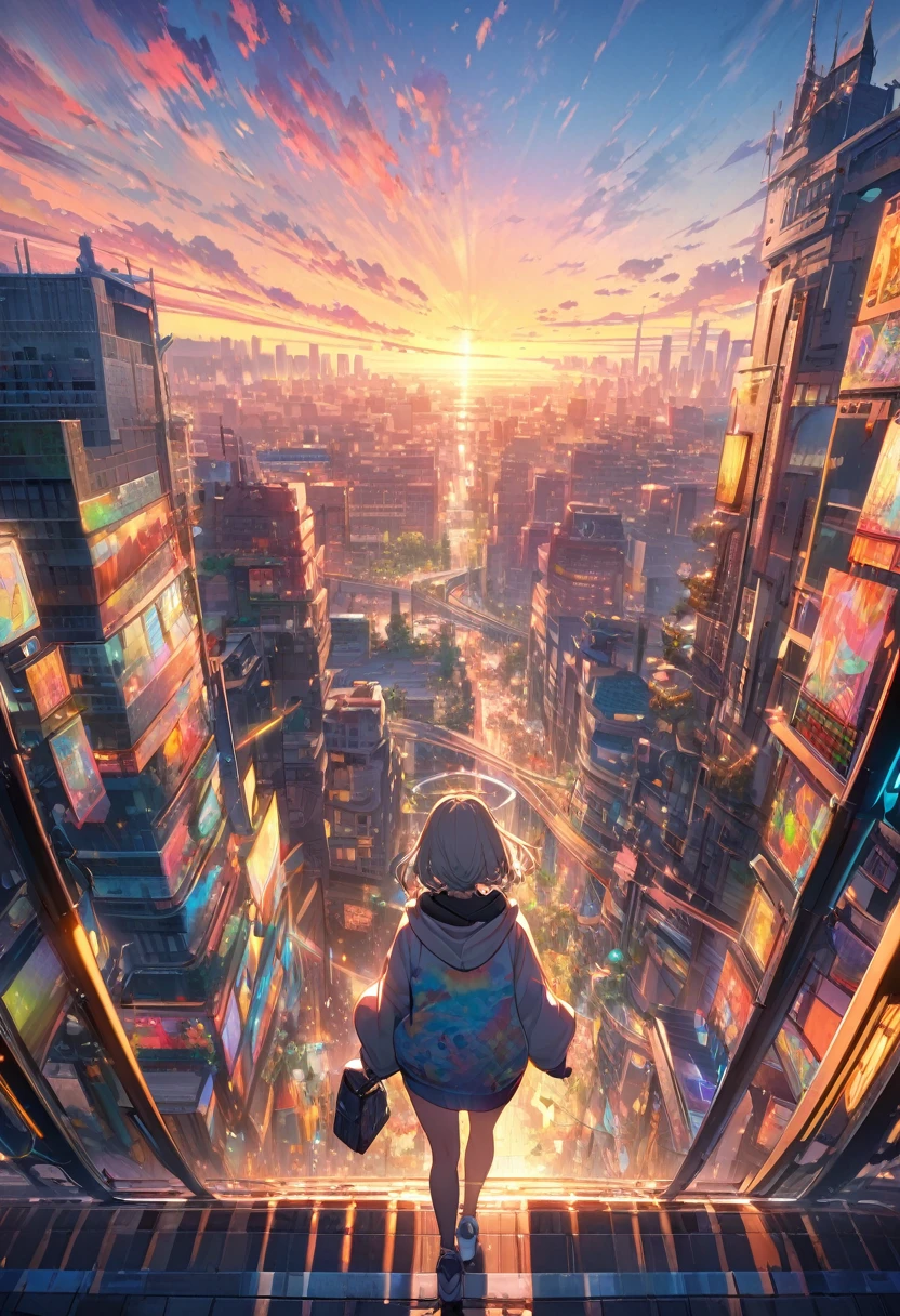 Create exquisite illustrations reminiscent of Makoto Shinkai's style, It has ultra-fine details and top-notch quality. angelic, detailed woman who is walking, woman wearing hoodie,  highest billding in city, road, sunrise, horizon, skyline, in the sky, city of clouds, colorful, high-res, 8K