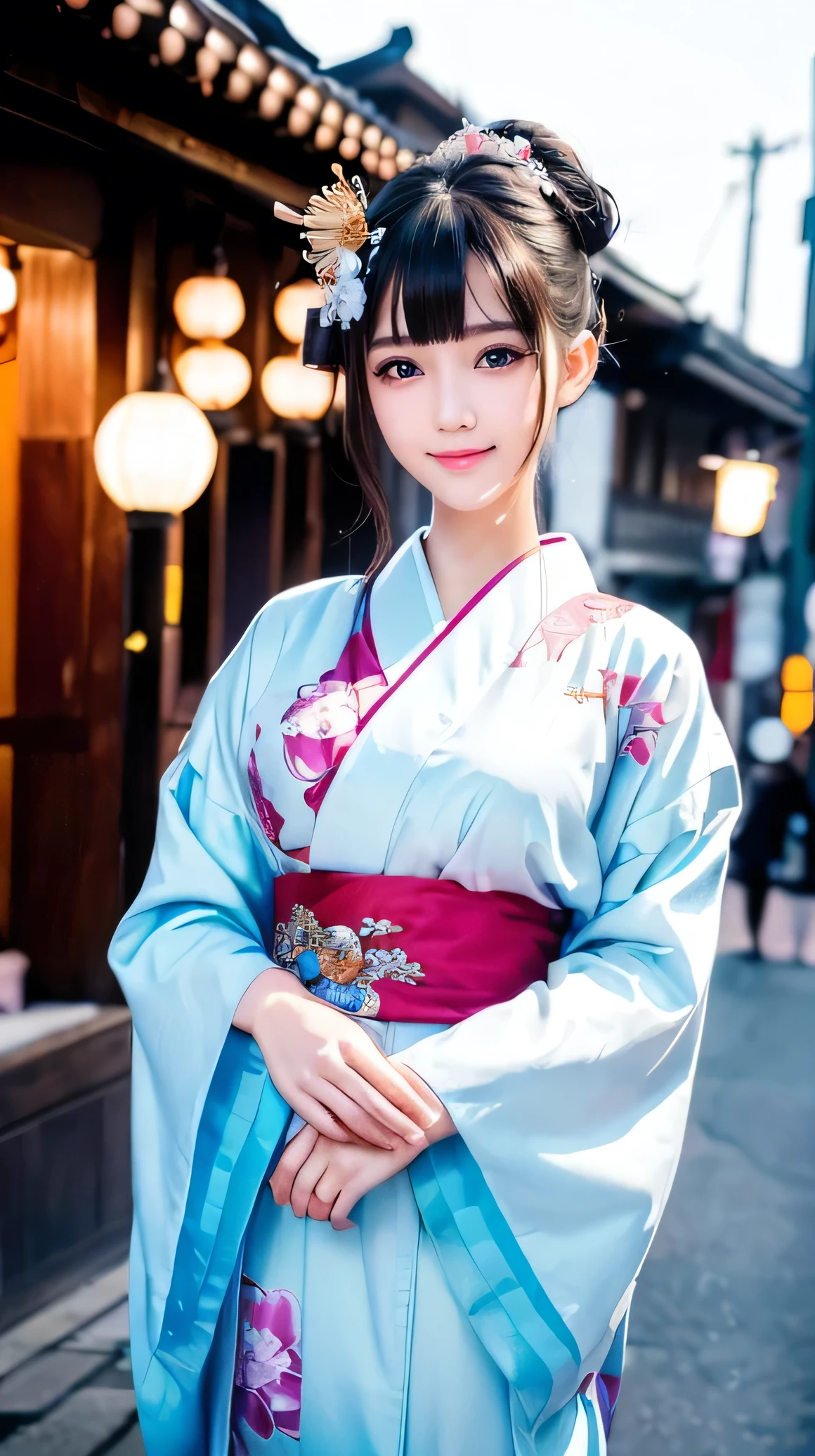 (Very beautiful cute girl), (very cute face:1.2),16 yo, (sparking crystal clear attractive large eyes), beautiful detailed eyes, Detailed double eyelids, (smiling), (realistic photograph:1.2),gorgeous flamboyantly colored apprentice geisha costume, apprentice geisha costume,very beautiful kimono, Costume lighting,in the street