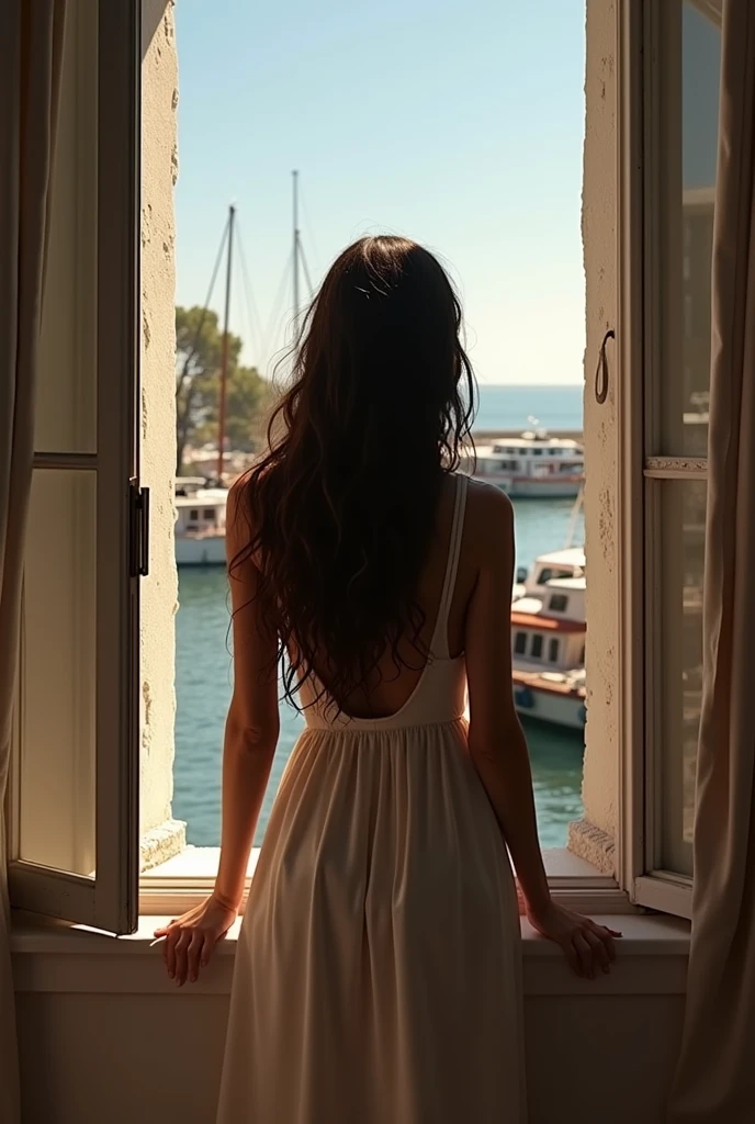 A young  maked woman looks out over the port from her open window, from which a gentle blue light pours in, like a surrealist promise. It seems as if the sea seeps through the curtains, which fly with the gentle caress of the salty breeze: the distance between the fine lines of the silhouette and the sea, which breathes in calm waves, is barely noticeable. There is not much difference between the tones used for the fabric of the dress and the sky: it even seems as if the curls that relax from her head are extensions of the waves, which slide gently upwards, over the linear composition of the image.