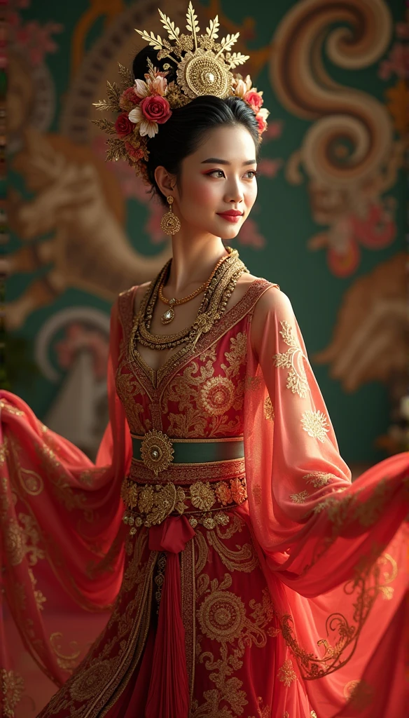 A close up of a woman in a red dress with a crown on her head - SeaArt AI