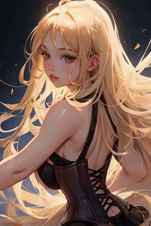 One girl, alone, View your viewers, Blonde long hair, Wearing a corset, Big Ass, Brown eyes, Upper Body, Gray background, Normal boobs, lips, Realistic, A konigsreuter