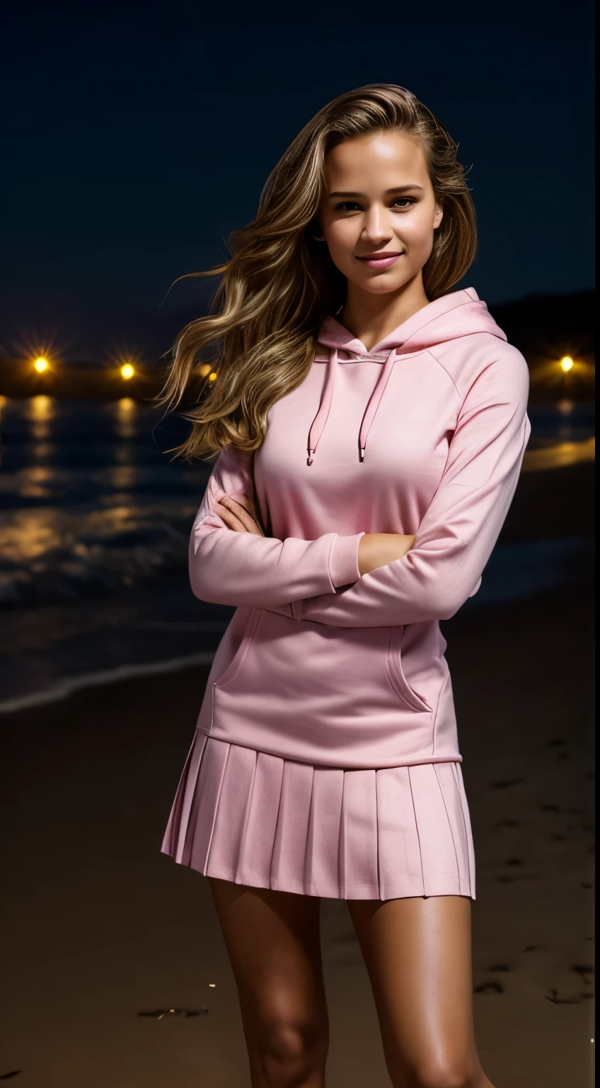 Foto hiperrealista en primer plano de Alicia Vikander, masterpiece, best quality, (photorealistic:1.4), full body, (pink hoodie dress), (pink mini mini pleated skirt), on the beach, night, cinematic light, beautiful woman, skinny, medium breasts, wave darkl blond hair, detailed face, smile, facing the camera, photo taken from a distance, age of 15