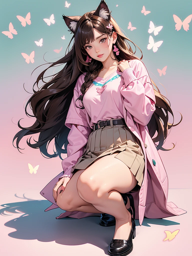 School scout outfit, long hair, brown hair, cat ears, hair ornaments, butterflies background, adult woman, pink and teal outfit, full body.
