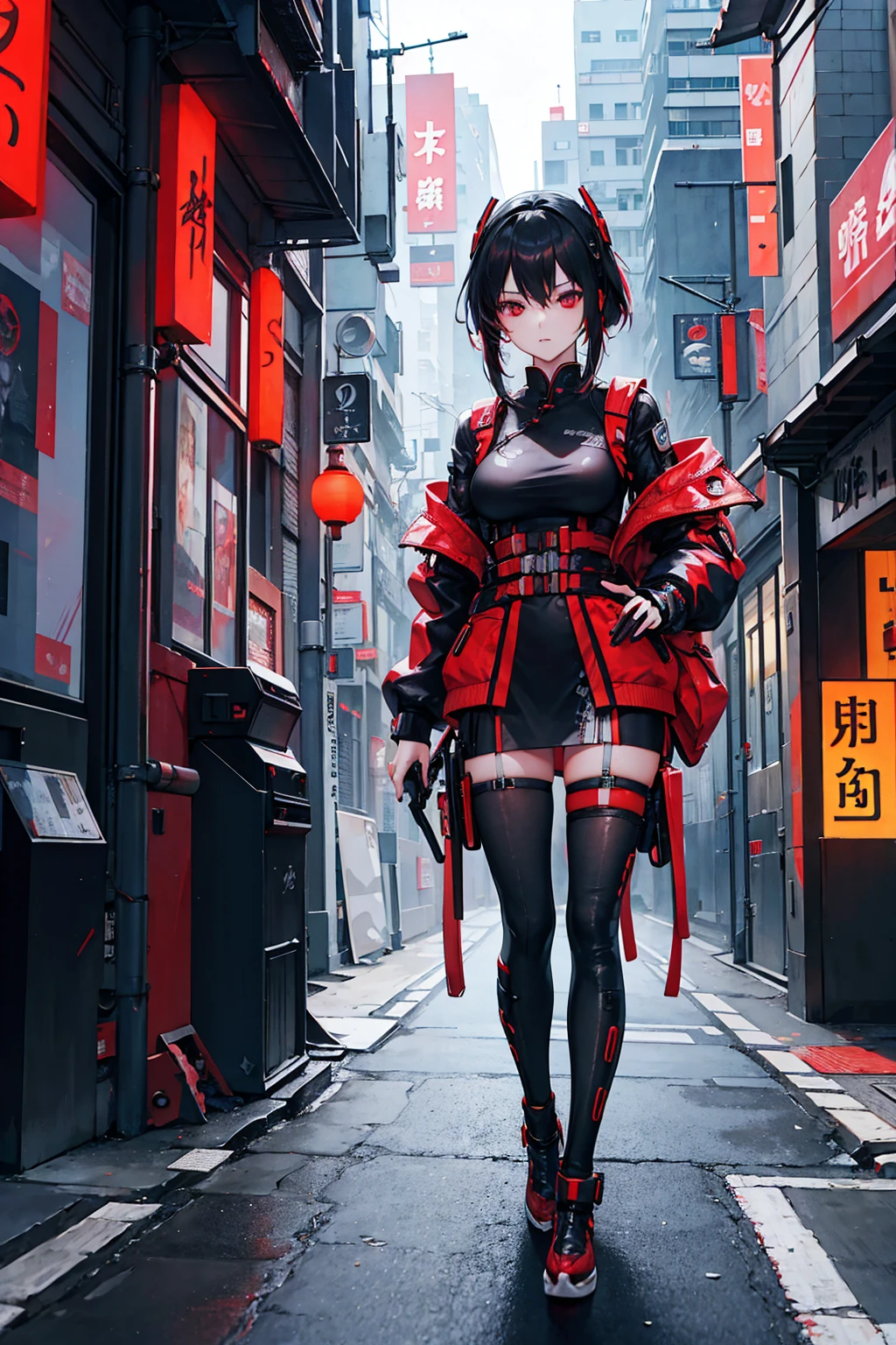 cyberpunk book cover. cybernetic chinese sexy girl wearing red cheonsam in japan future city street
