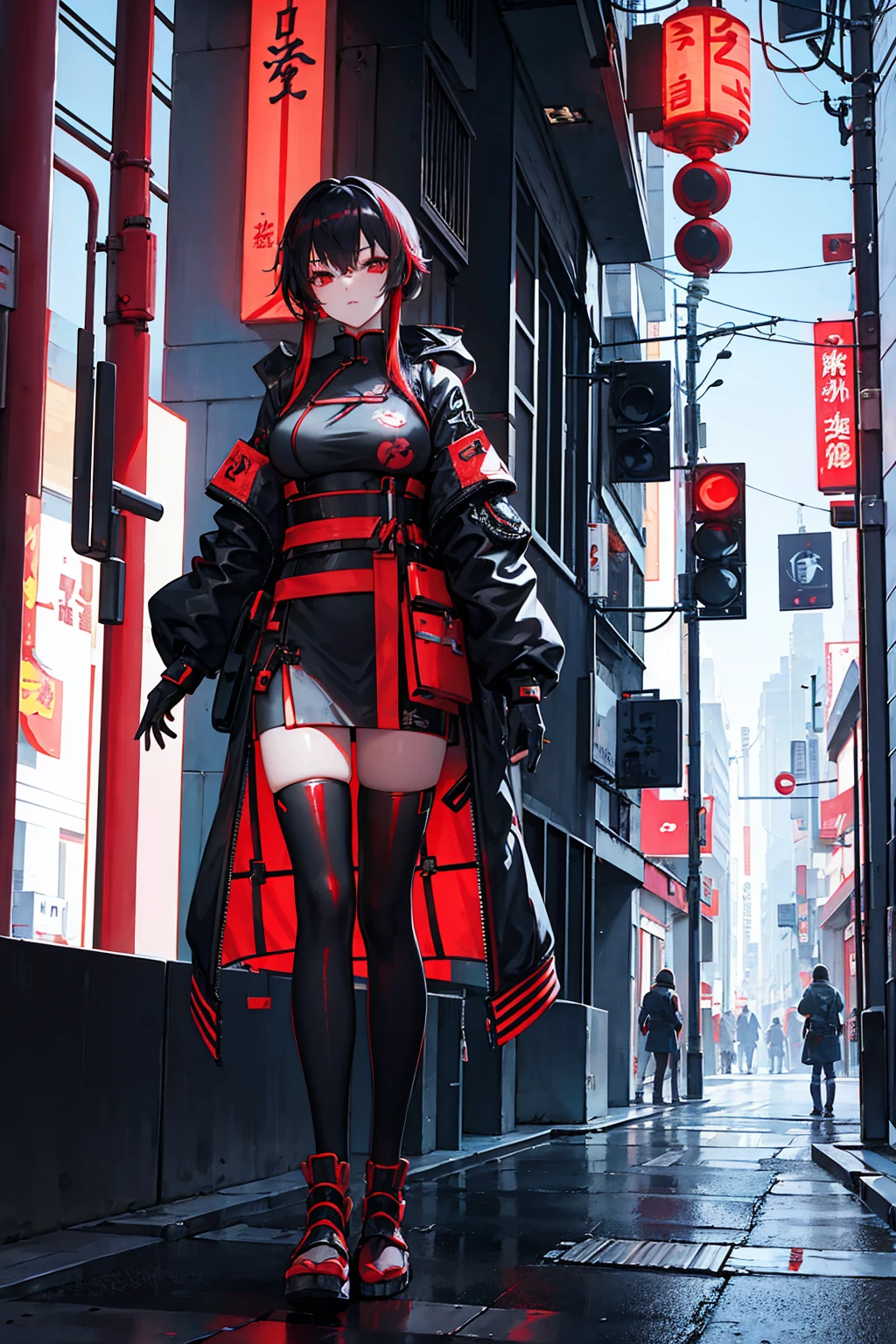 cyberpunk book cover. cybernetic chinese sexy girl wearing red cheonsam in japan future city street