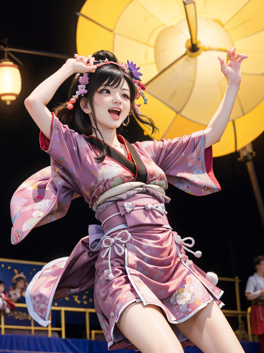 (Japan Bon Odori,最高masterpiece,Highest quality), Hot August,In the park square,(They dance in a circle around a stage decorated with lanterns.),Bright vibrant anime art,People of all ages and genders dance and dance, Dancing in yukata,Laughing and dancing, Showing white teeth,Men and women dance in a circle, masterpiece,Highest quality,High resolution,