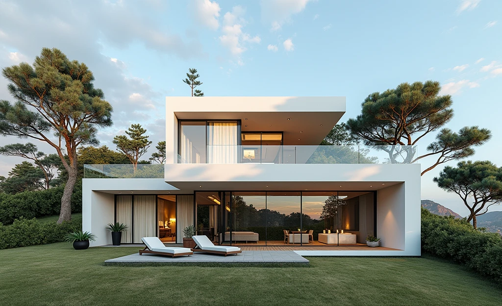 RAW photo,Masterpiece, high quality, best quality, authentic, super detail, exterior, one villa style modern on the mountainside , (Modern minimalist lines:1.2),(white wall:1.1), railing glass, glass windows,trees, grass, ((sunset)), sky, vivid colour, (high detailed :1.2), 8k uhd, dslr, soft lighting, high quality, film grain, Fujifilm XT3Negative promt: (normal quality), (low quality), (worst quality), paintings, sketches,lowres, text, cropped, worst quality, low quality, normal quality, signature, watermark, username, blurry,skech,logo,blurry, drawing, sketch, poor quality, ugly, low resolution, saturated, high contrast, oversharpened,low quality, bad anatomy, worst quality,deformed, disfigured, cropped, jpeg artifacts, error, mutation,noise,UnrealisticDream