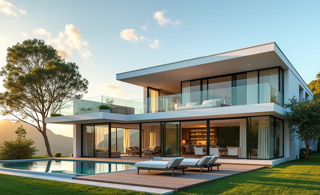  RAW photo,Masterpiece, high quality, best quality, authentic, super detail, exterior,  one villa style modern on the mountainside , (Modern minimalist lines:1.2),(white wall:1.1), railing glass, glass windows,trees, grass, ((sunset)), sky, vivid colour, (high detailed :1.2), 8k uhd, dslr, soft lighting, high quality, film grain, Fujifilm XT3Negative promt: (normal quality), (low quality), (worst quality), paintings, sketches,lowres, text, cropped, worst quality, low quality, normal quality, signature, watermark, username, blurry,skech,logo,blurry, drawing, sketch, poor quality, ugly, low resolution, saturated, high contrast, oversharpened,low quality, bad anatomy, worst quality,deformed,  disfigured, cropped, jpeg artifacts, error, mutation,noise,UnrealisticDream
