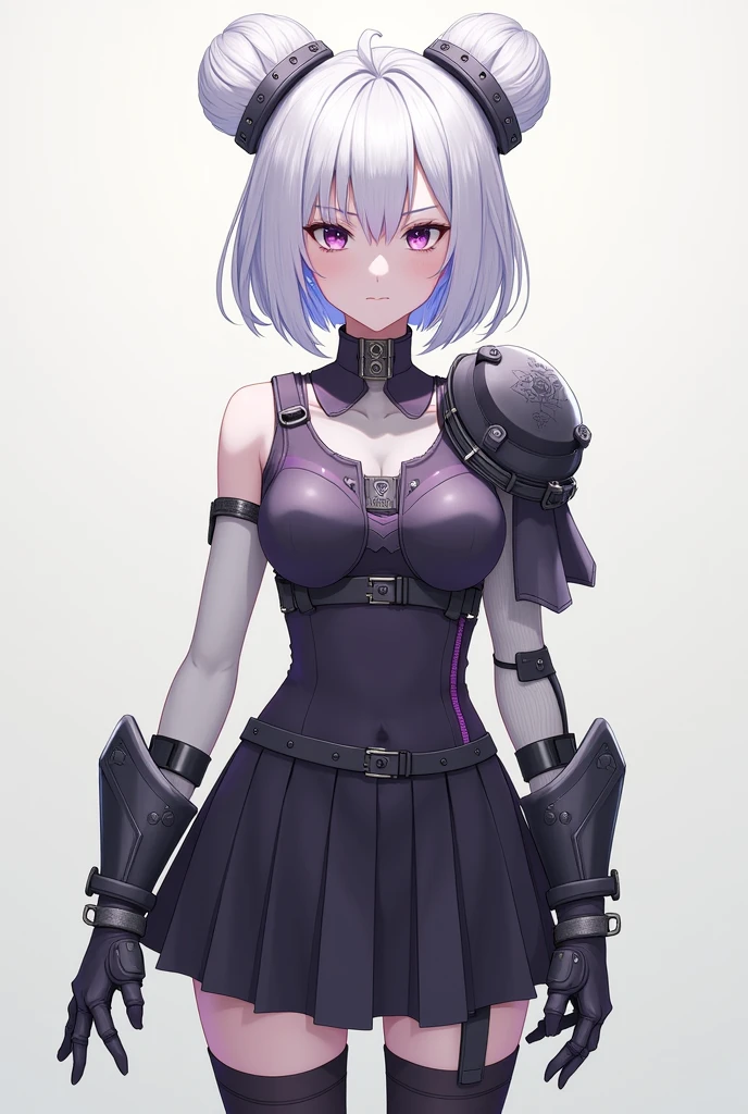 White-haired girl with short purple hair and two buns as a hairstyle on top of her head with 2b clothes from Nier Automata