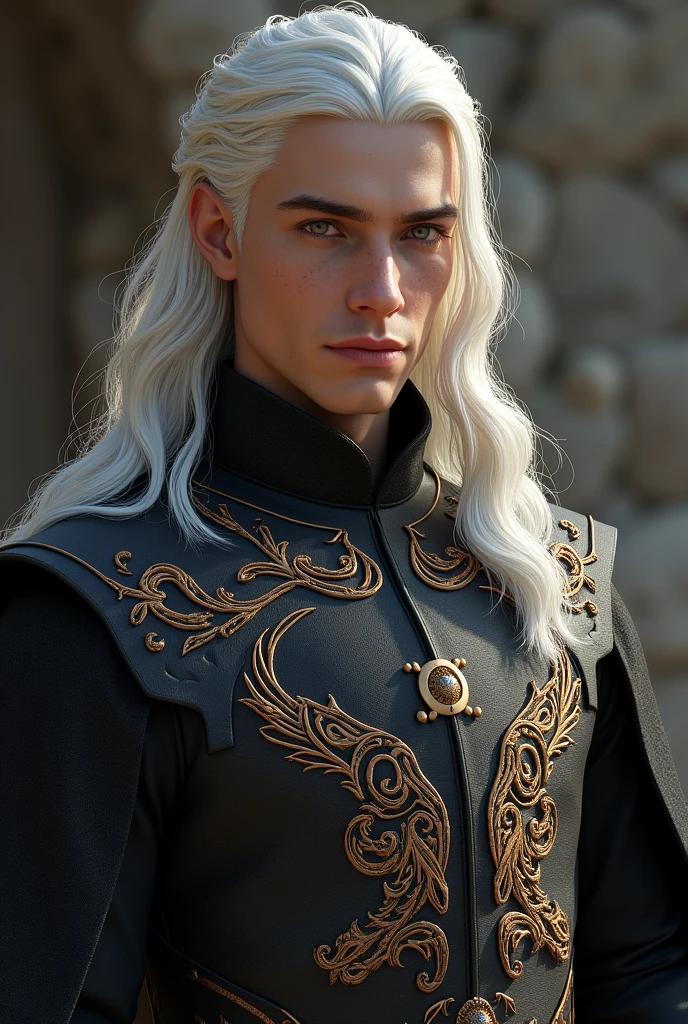Un jeune homme Targaryen, d'une beauté presque divine, se tient là, ses longs cheveux blancs argentés tombant en cascades soyeuses sur ses épaules. Son visage est finement ciselé, avec des traits parfaits et des yeux violets ou bleus profonds, capturant l'attention de tous. Grand et élancé, son corps est sculpté par des années d'entraînement, à la fois puissant et gracieux. Vêtu de riches tuniques brodées de motifs draconiques, il incarne la noblesse et la force, portant en lui l'héritage imposant et tragique de la maison Targaryen.