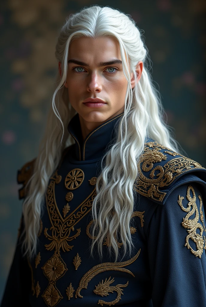 Un jeune homme Targaryen, d'une beauté presque divine, se tient là, ses longs cheveux blancs argentés tombant en cascades soyeuses sur ses épaules. Son visage est finement ciselé, avec des traits parfaits et des yeux violets ou bleus profonds, capturant l'attention de tous. Grand et élancé, son corps est sculpté par des années d'entraînement, à la fois puissant et gracieux. Vêtu de riches tuniques brodées de motifs draconiques, il incarne la noblesse et la force, portant en lui l'héritage imposant et tragique de la maison Targaryen.