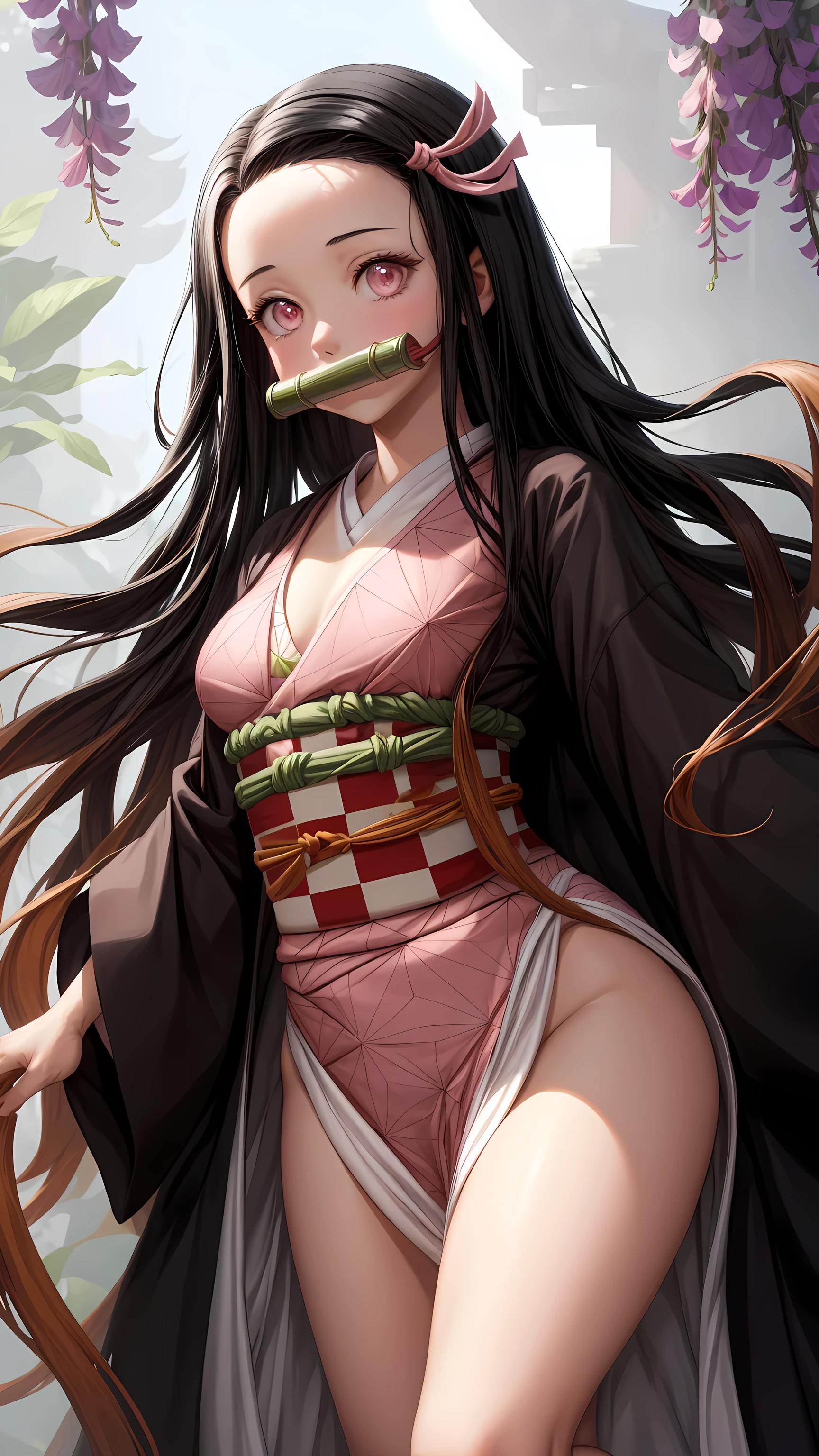 masterpiece, (pink kimono), seductive face, good lighting, décolleté, fine details, masterpiece, glowing eyes, 1girl, black hair, gag, bamboo, Nezuko Kamado, wisteria background, masterpiece, best quality, POV, whole body, wide hips,
