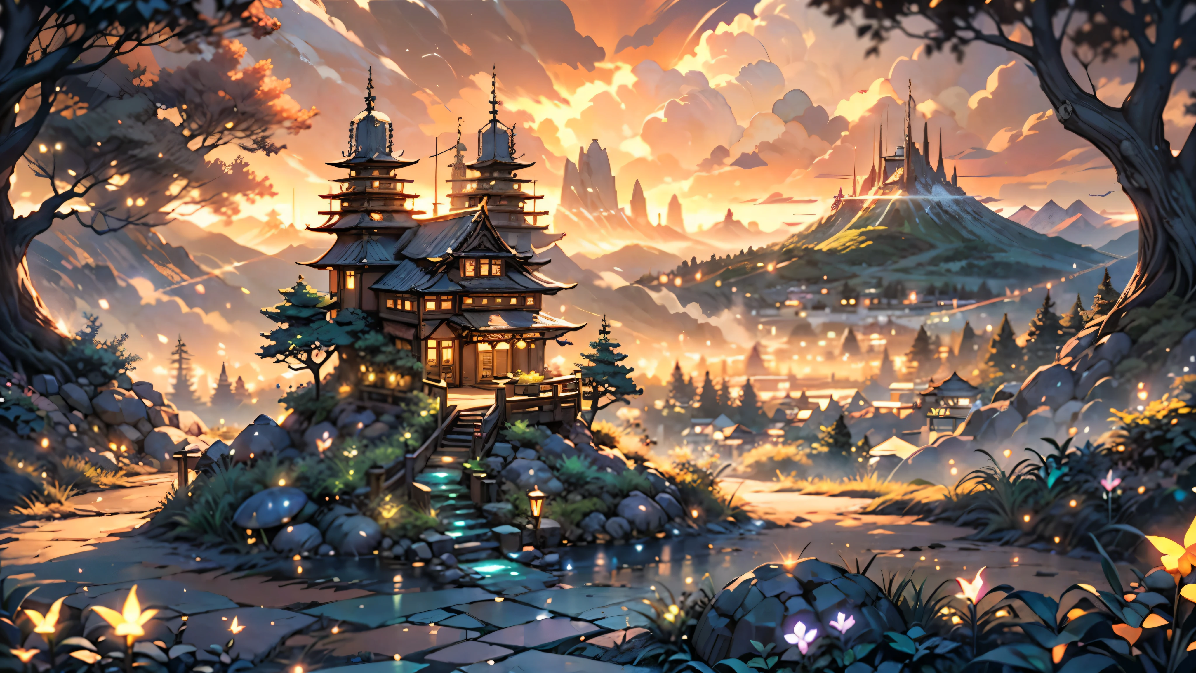 a futuristic pod home in a japanese garden, fairytale view with dramatic mountain range, rocks plants flowers shrubs bushes trees moss lawns grass mushrooms fireflies,colourful sunset and strong sunbeams,very hazy,extreme details,photorealistic,4k,HD,beautiful,nature, dreamy, low shot,ground level photo, good luminosity, high ambience