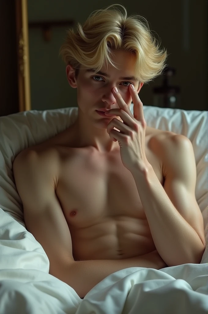 A young man who is half lying on his bed and who is like focusing on a mirror and who covers his face a little and who is  and who is thin and who has fine clothes and who is like real and who has golden hair and who has no beard or hair on his face or a beauty and who has medium-long hair