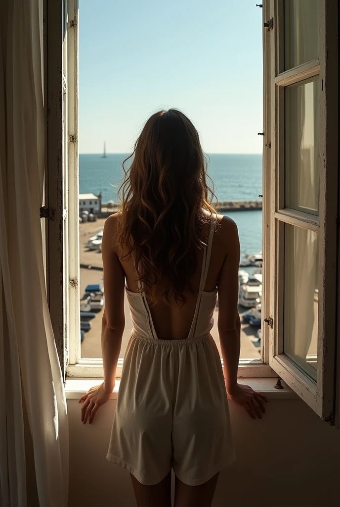 A young maked woman looks out over the port from her open window, from which a gentle blue light pours in, like a surrealist promise. It seems as if the sea seeps through the curtains, which fly with the gentle caress of the salty breeze: the distance between the fine lines of the silhouette and the sea, which breathes in calm waves, is barely noticeable. There is not much difference between the tones used for the fabric of the dress and the sky: it even seems as if the curls that relax from her head are extensions of the waves, which slide gently upwards, over the linear composition of the image.