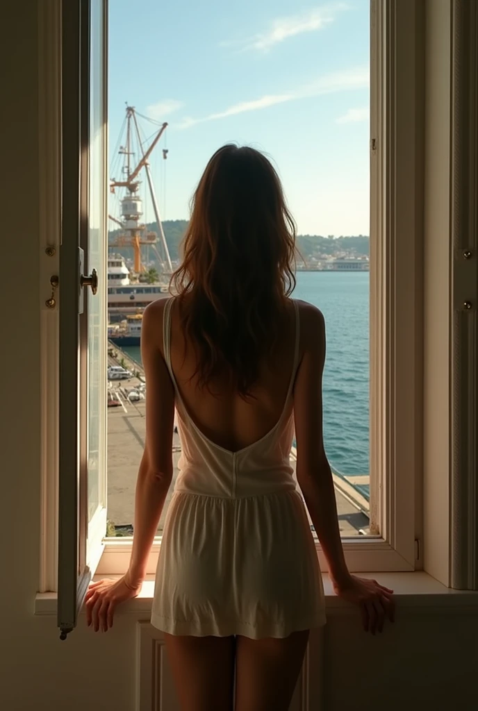 realistic and serene scene with a nude woman standing in an interior space, facing away from the viewer and looking out through an open door with glass panels and wooden shutters painted forest green on the outside. The woman has medium-length, wavy dark brown hair and is positioned slightly right of center within the frame. Her body is bathed in natural light from the left side, casting soft shadows on the dark gray wall behind her. She gently holds the doorframe with her right hand while her left hand rests on her hip, her bare feet touching the floor. The door, with its lower half covered in white panels and its upper half in glass, is partially open, revealing a balcony paved with light brown tiles arranged in a grid pattern. The interior room is dimly lit, creating a stark contrast to the bright exterior. To the left of the frame, there is a partial view of a wooden chair with a curved back and slender legs, while to the right, part of a sofa is visible. The interior floor is made of dark tiles arranged in a herringbone pattern, which reflects some light. Through the balcony railing, which features elaborate black wrought-iron scrolls and white balustrades, a terracotta tiled surface is visible. On the left side of the balcony, a wooden chair with a curved back and slender legs faces the ocean. The background shows a tranquil seascape with calm waters stretching to the horizon. The outdoor terrace features a light beige tiled floor with a distinctive geometric pattern of alternating light and dark diamond shapes in the foreground. A white rectangular panel separates the central section of the door from the glass window. Beyond the terrace, a green railing with vertical bars leads to a panoramic view of an expanse of water, distant land masses, and a clear blue sky. The outdoor lighting is bright, indicating daylight and illuminating the terrace and the surrounding landscape, creating a high-contrast atmosphere. The scene uses a harmonious color palette of war