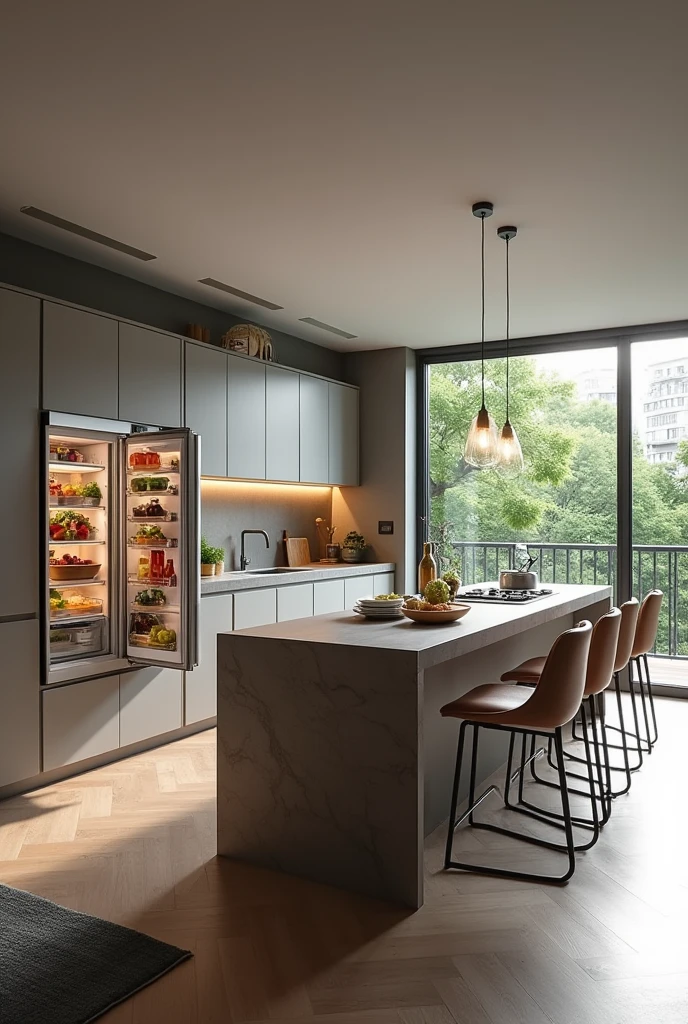 Create a modern kitchen with a table and an OPEN-door refrigerator