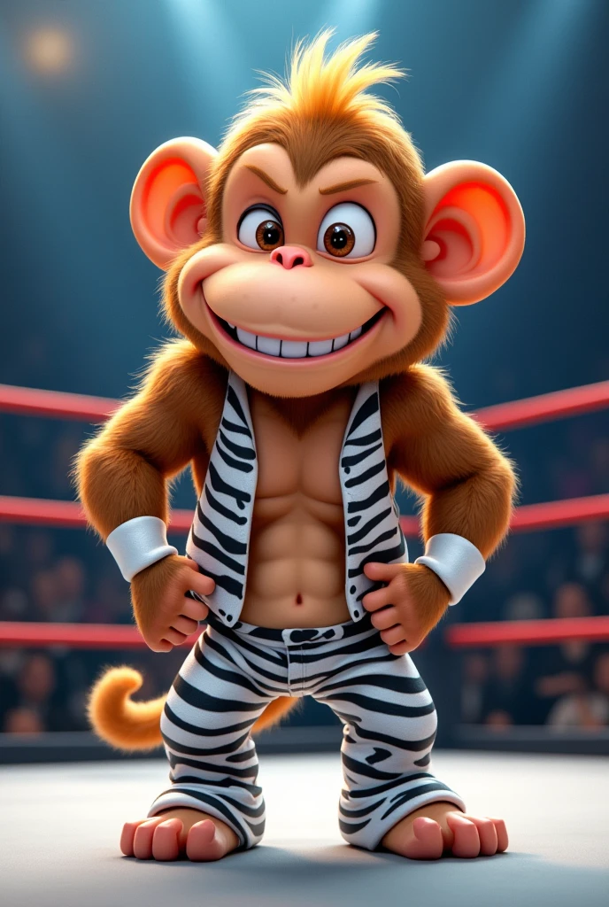 Cartoon monkey dressed like WWE wrestler Shawn Michaels
Cartoon monkey body. Cartoon monkey head. Cartoon monkey face.
Long blond hair. White wrist tape.
White cowboy vest ordain in black zebra stripes. White pants ordained with black zebra stripes.
White and black cowboy boots.
Standing in a wrestling ring..