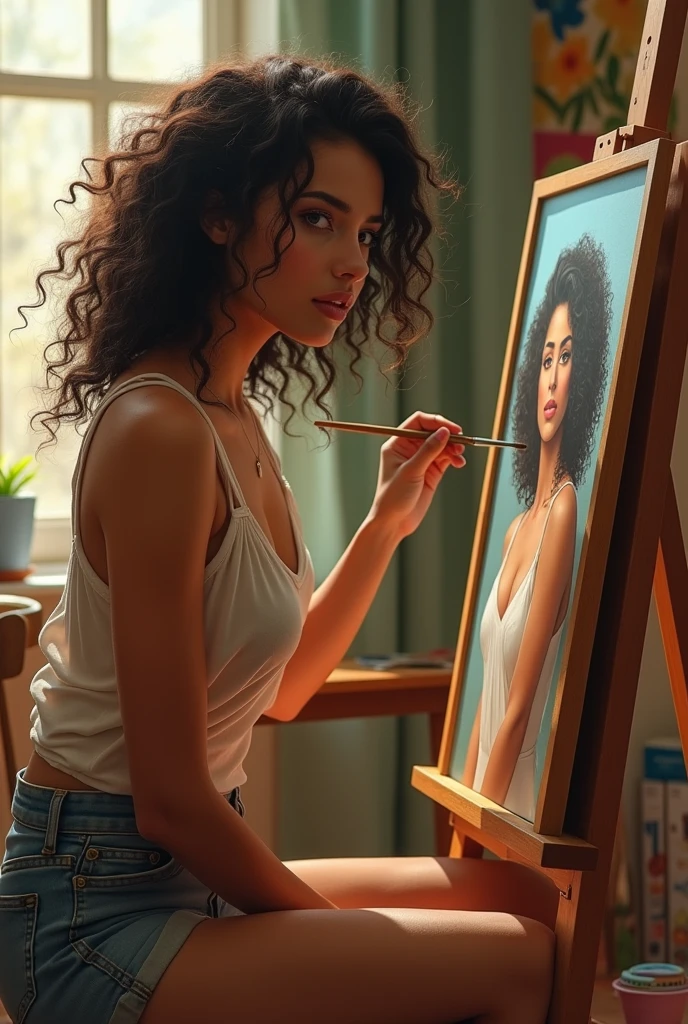 (photorealism: 1.2), beautiful woman, sitting sideways, focused and concentrated, painting a picture, brush in hand, furniture with paints next to her, wearing a light feminine casual look, arafa woman with curly hair, face partially hidden, tanned Ameera al taweel, imaan hammam, beautiful latin face, beautiful beautiful woman, she has dark brown skin, beautiful woman, flawless brown skin, beautiful mexican, the most beautiful woman in the world, beautiful tanned mexican, jaw-dropping beauty, image quality Photoshop , sitting on a stool, in a frontal position concentrated painting, soft lighting, environment with natural sunlight, cozy room, woman sitting in front of a painting on an easel, in the painting being painted oil painting style, realistic painting style, realistic self portrait painting, realistic oil paint, realistic painting, super realistic painting style, realistic self portrait with oil painting, painting style, realistic oil painting, realistic style watercolor painting, realism art style, beautiful painting, colorful portrait, unfinished painting, painting a self portrait in the frame, with an intentional and important sensual look when painting a picture, realistic, intricate details, warm colors, by Greg Rutkowski, by Alphonse Mucha