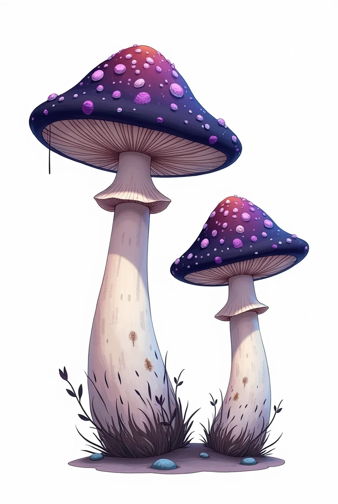 2 mushrooms, illustrated, color black, purple and blue details, white background