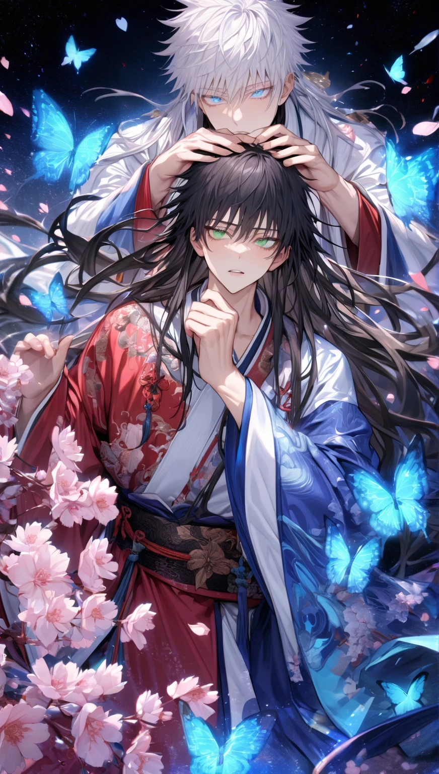 absurdres, highres, ultra detailed, HDR, master piece, Gojou Satoru, white hair with bangs, long hair, white eyelashes, expressive blue eyes, white and blue Chinese robes, Fushiguro Megumi, long hair, black hair, expressive green eyes, red and white Chinese robes, Jujutsu Kaisen, accessories, two sexy man together, handsome, best quality, fantasy, magical, solo, sensual, blue butterflies, cherry blossoms, pink petals, starry sky, manly man, glittering